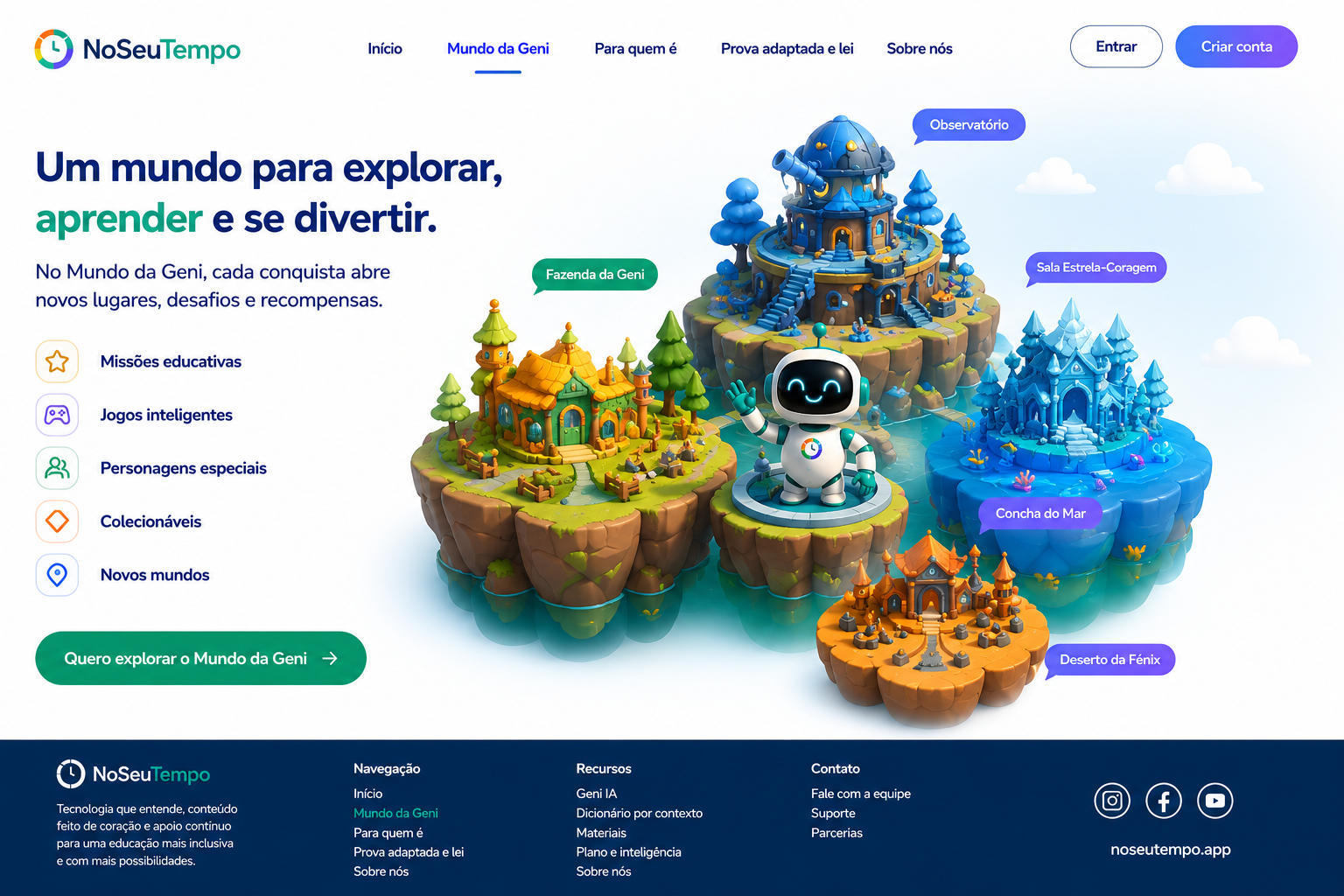 Mundo da Geni: um mundo para explorar, aprender e se divertir. A página apresenta missões educativas, jogos inteligentes, personagens especiais, colecionáveis e novos mundos.