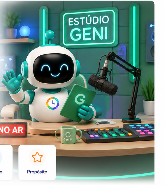 Geni IA em um estúdio com elementos de parceria e criação.